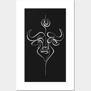 Minimalistic Continuous Line Bull Portrait (white line on black background) Posters and Art